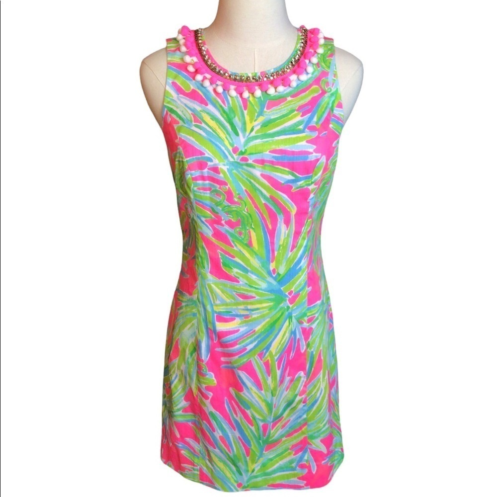 .Lilly Pulitzer Mila Shift Dress 100% Cotton Jeweled & Pom Pom Collar Size 2